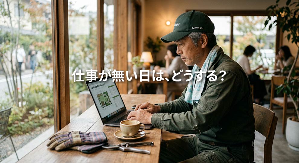 カフェで作業する庭師